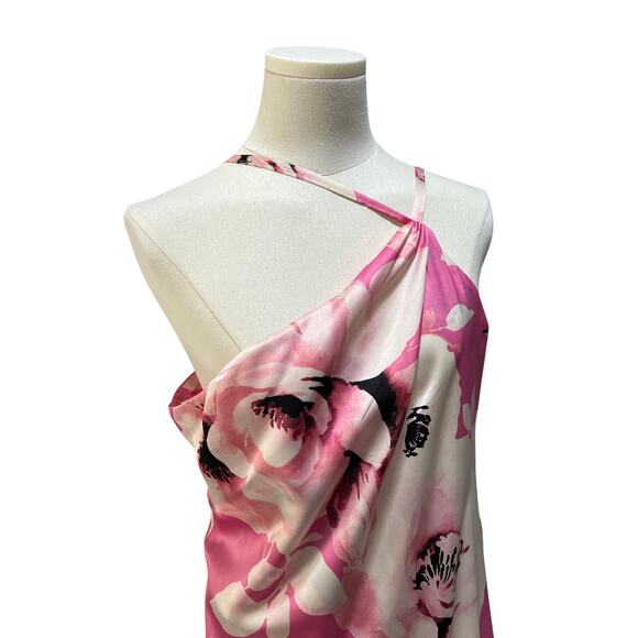 The Fashion Poet Womens Large One Shoulder Halter Floral Satin Maxi Dress Pink - Picture 10 of 13